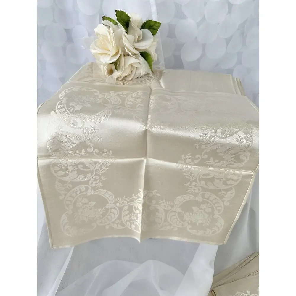 Vtg Beige Linen Double Damask Tablecloth 8 Napkins Floral Garlands Acanthus